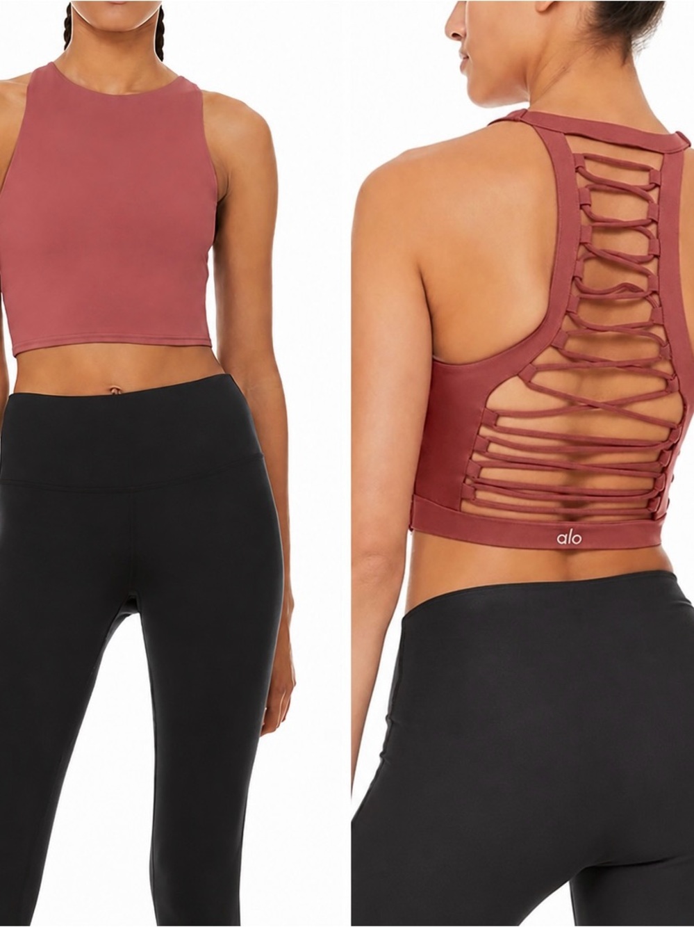 ALO Yoga Strappy Ladder Back Crop Tank Top Bra - Dusty Rose Rust Burgundy